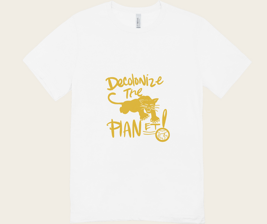 De-colonize the planet! White T w/ panther and black text